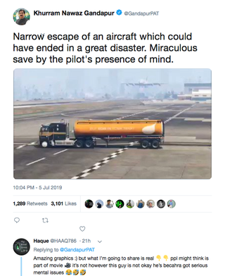 Illustration for article titled Un político de Pakistán elogia el vídeo de un piloto de avión evitando un desastre. Era una escena de GTA V